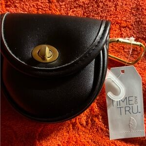 Black Round Leather Coin Pouch with Gold Hardware